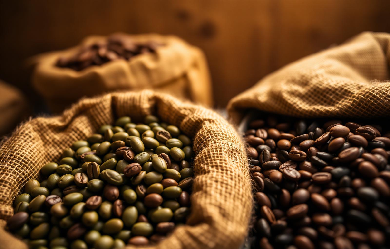Burlap sacks of green and roasted coffee beans